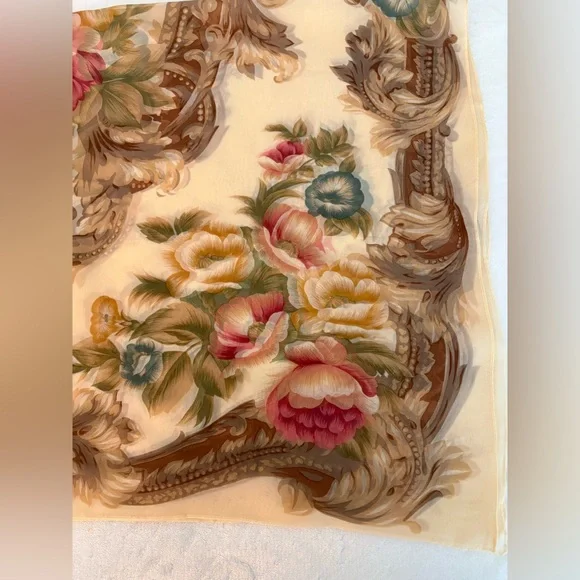 Echo Silk Scarf 36x36 Floral Baroque Print Square Beige Pink Vintage Style - Picture 4 of 6